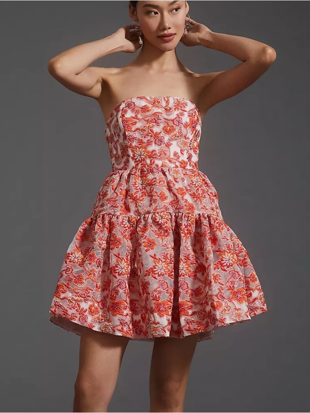 Maeve for Anthropologie Strapless Floral Jacquard Dress in Coral Pink sz large
